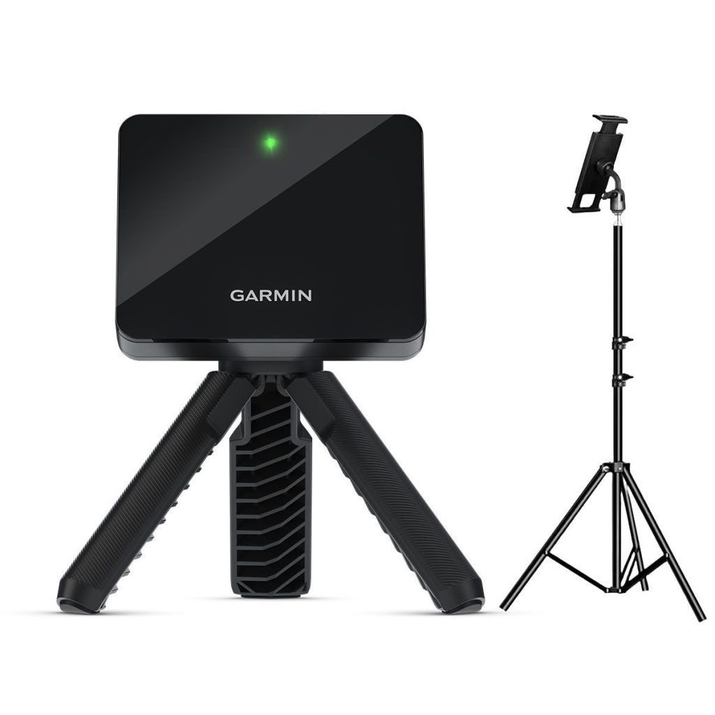Golf Simulator Budget Builds: Five Builds Priced Part by Part, From $1,600 to $24,000 (2026) 1 Garmin Approach R10 on its tripod with a phone stand
