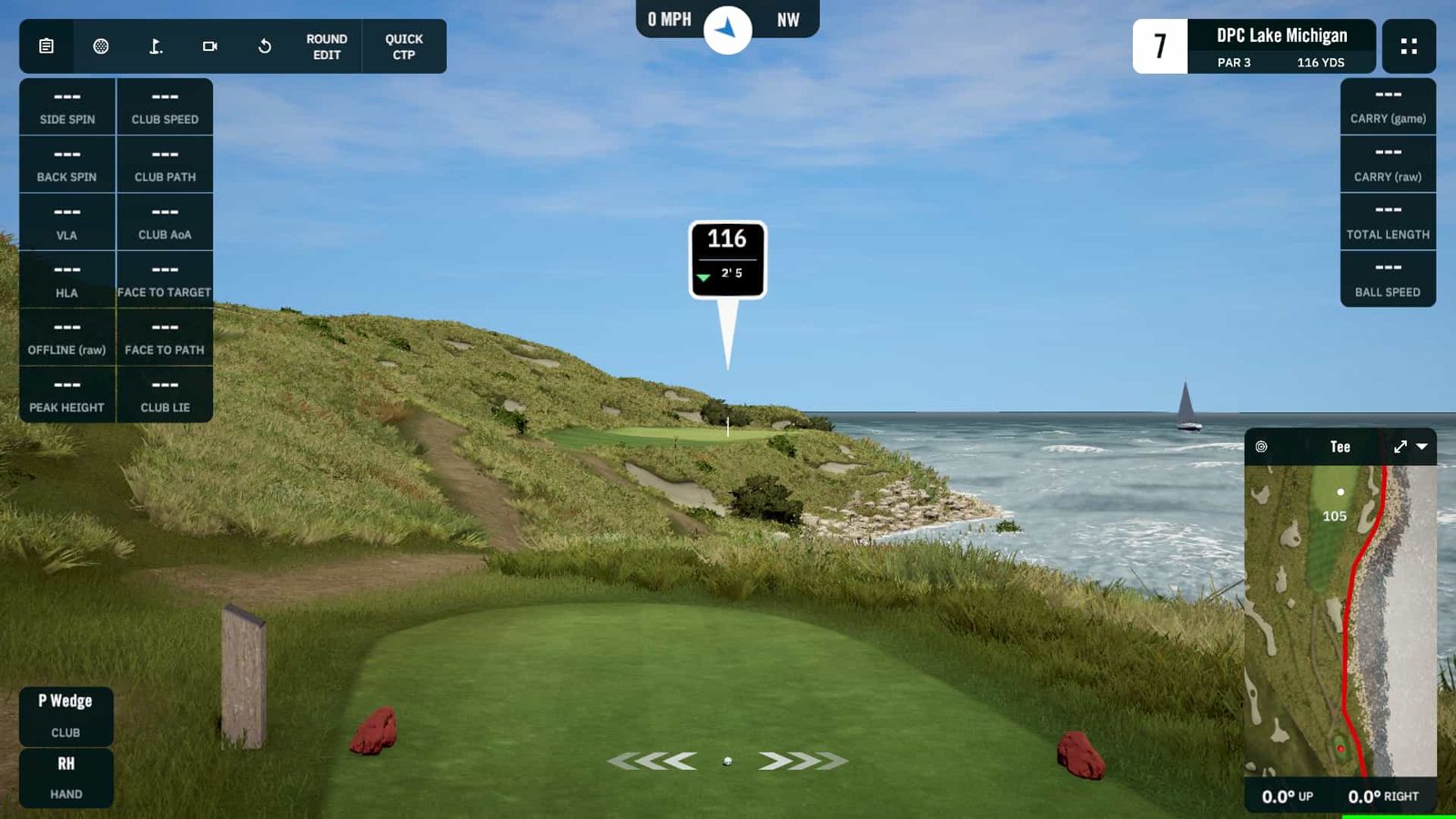 GSPro view of a coastal golf hole with on-screen shot data panels