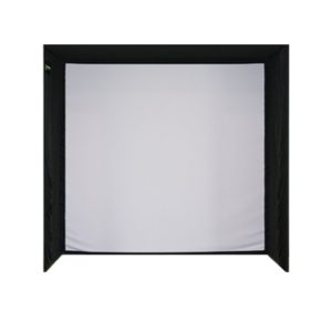 SIG8 golf simulator enclosure with a white impact screen